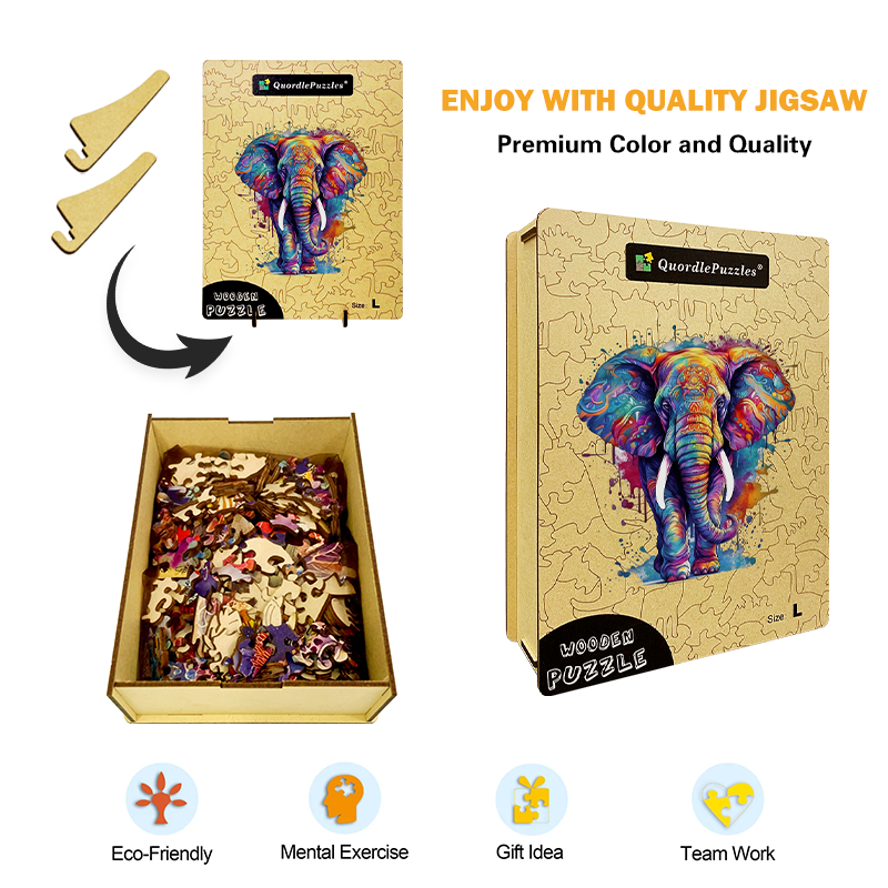Rainbow Elephant blue Wooden Jigsaw Puzzle – Quordlepuzzles® (ES)