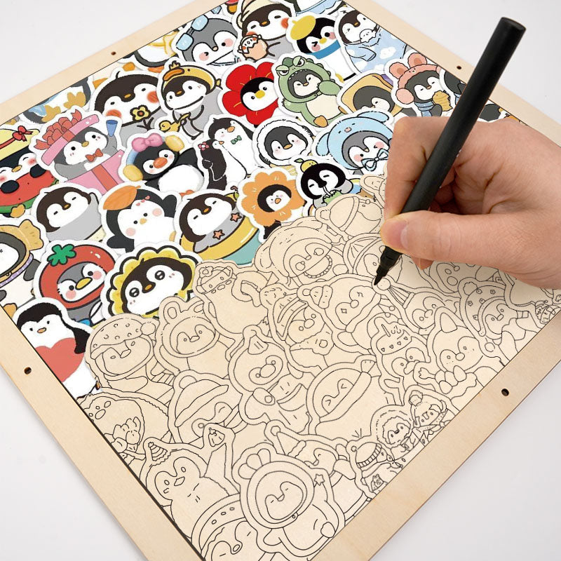 Pingüinos divertidos - Rompecabezas de madera para colorear