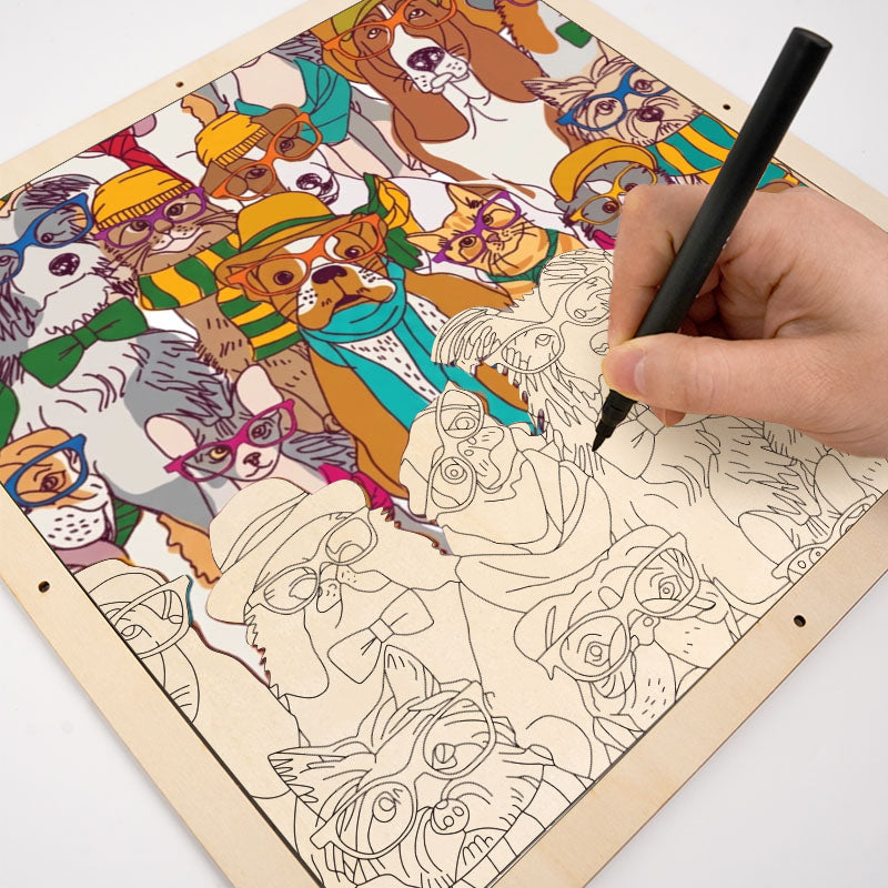 Perros con gafas - Rompecabezas de madera para colorear