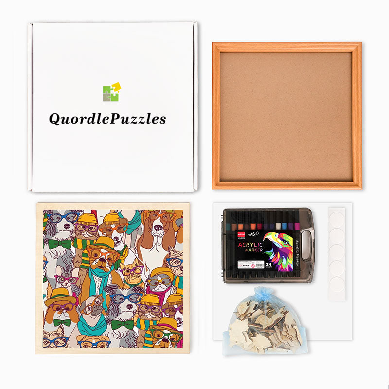 Perros con gafas - Rompecabezas de madera para colorear