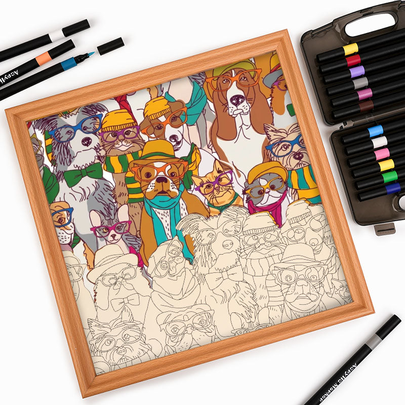 Perros con gafas - Rompecabezas de madera para colorear