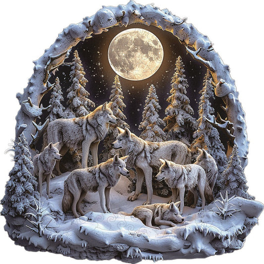 Puzzle de Madera Manada de Lobos a la Luz de la Luna Nevada