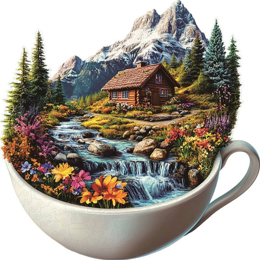 Puzzle de Madera Cabaña de Montaña en una Taza