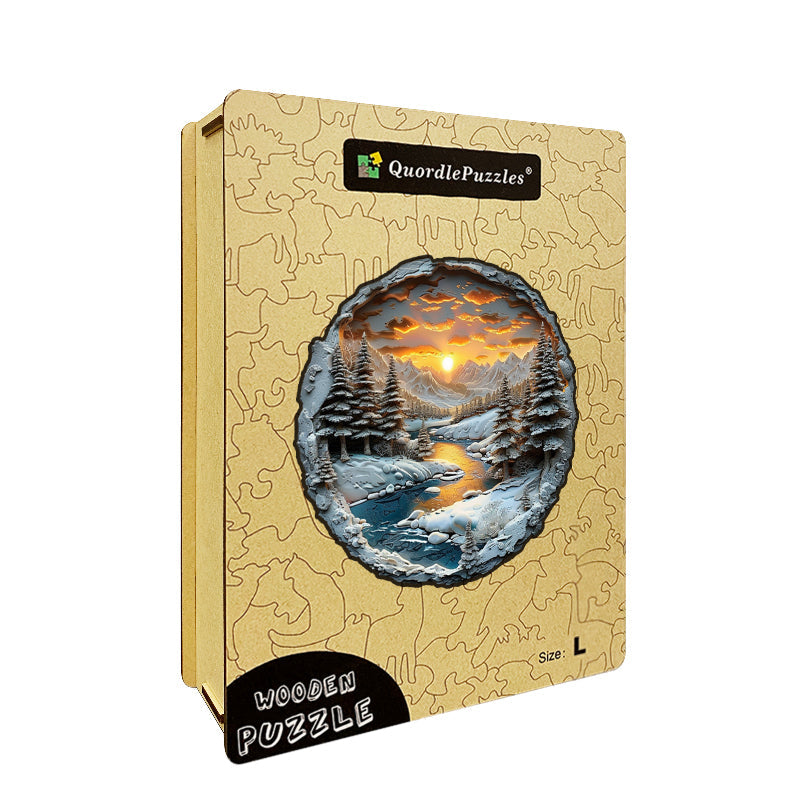 Rompecabezas de madera Atardecer invernal en las montañas
