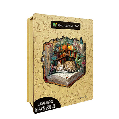 Rompecabezas de madera de un gato perezoso con libros