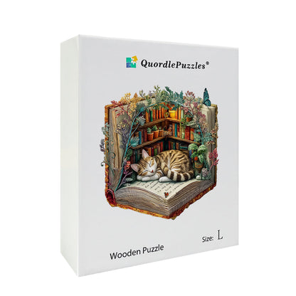 Rompecabezas de madera de un gato perezoso con libros