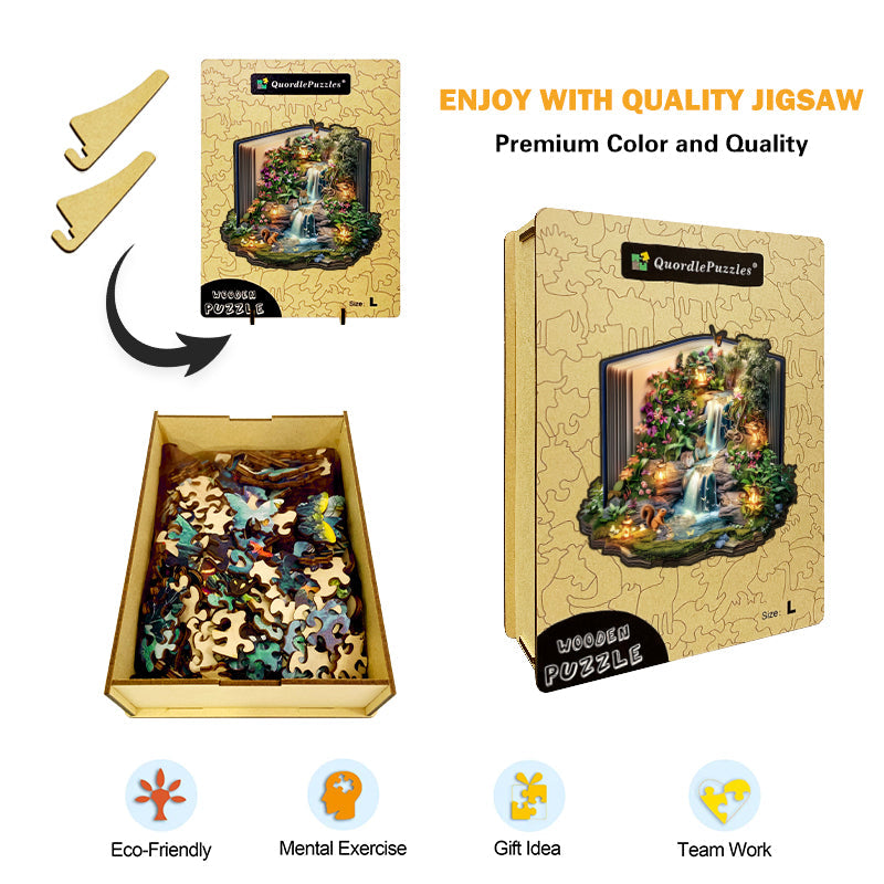 Rompecabezas de madera de una cascada entre los libros